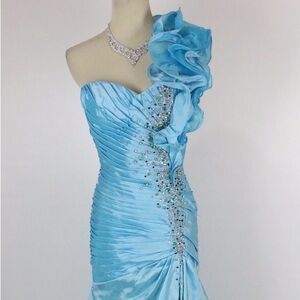Tony Bowls Sky Blue Ruched Mermaid Gown with Crystal Embellishment